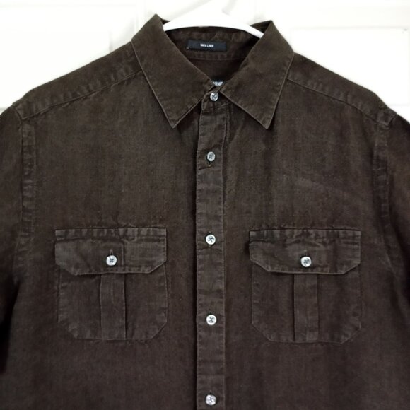 Claiborne 100% Mens Shirt Dark Brown Linen Short Sleeve Button Up Work - Picture 4 of 9
